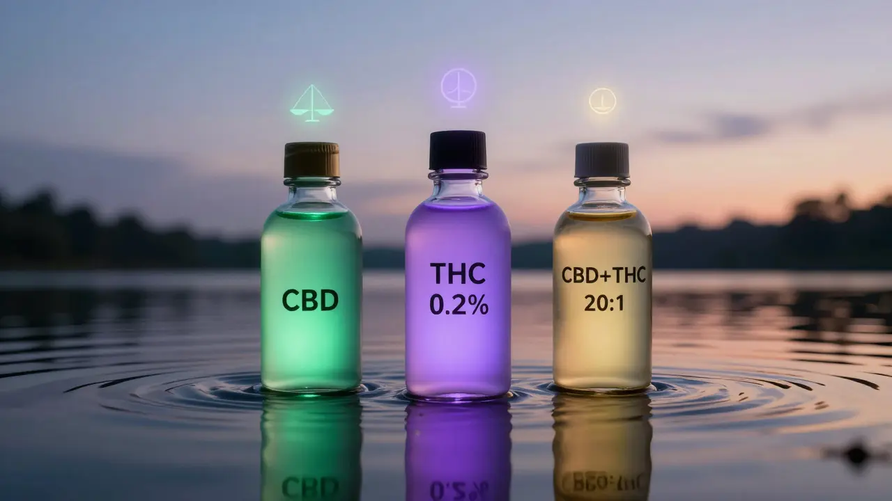 Drei Cannabis Cola-Flaschen mit unterschiedlichen Cannabinoiden und sanft leuchtenden Farben.