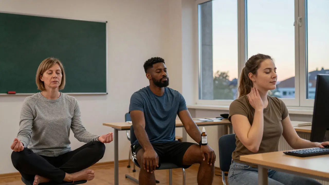 Drei Deutsche in Alltagssituationen: ein Lehrer, ein Sportler und ein Büroarbeiter, die CBD-Öl natürlich in ihren Alltag integrieren.