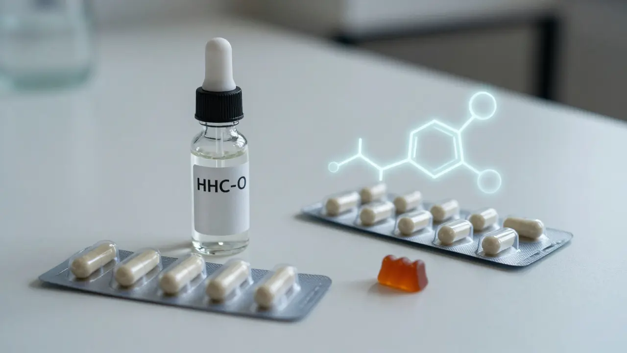 Drei HHC-O-Formate: Tropfen, Kapseln und Gummibärchen mit molekularen Strukturen.