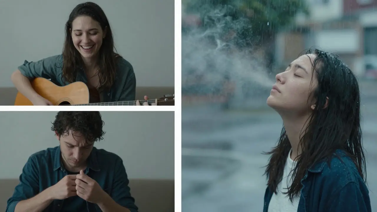 Drei ruhige Szenen: jemand lacht bei Musik, ein Mann blickt verwirrt auf seine Hände, ein Student atmet tief ein.