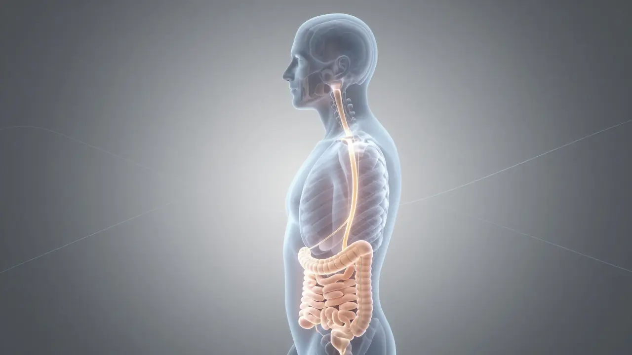 Durchsichtige Körperform zeigt Weg des CBD durch Verdauungssystem