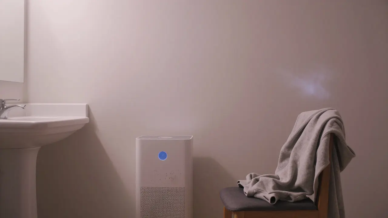 Ein beschlagener Spiegel, ein verschmutzter Luftreinigerfilter und ein Hoodie mit sichtbarem Dampfrest in einem leeren Wohnzimmer.