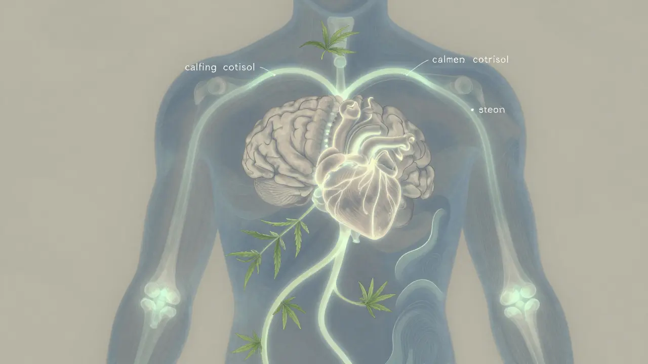 Ein menschlicher Körper mit sanft leuchtenden Pfaden, die Entzündung, Stress und Serotonin verbinden, umgeben von pflanzlichen Mustern.