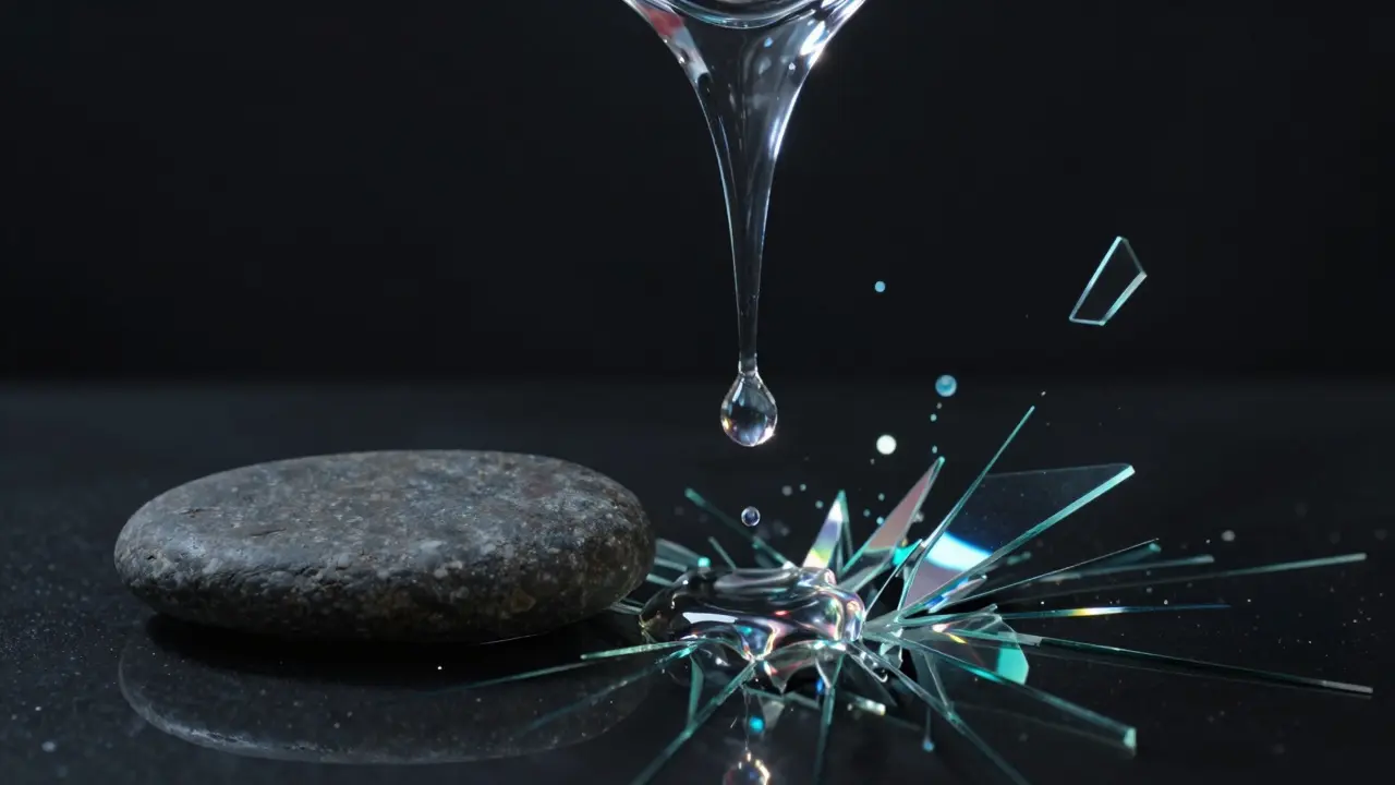 Ein Tropfen flüssiger Substanz, der sich von leicht fließend zu dick und leuchtend verwandelt, auf unterschiedlichen Oberflächen landet.