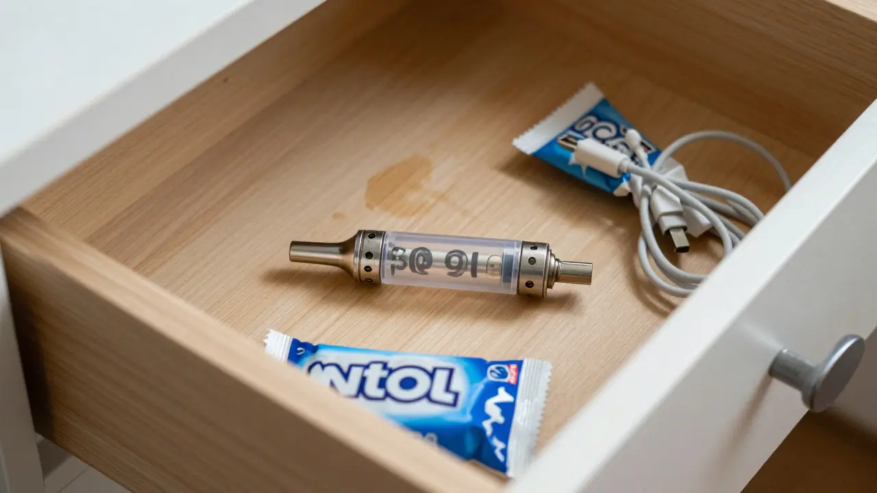 Eine geöffnete Schublade mit einer leeren Vape-Kartusche, einem USB-Kabel und Kaugummi-Packung, Wasserflecken auf Holz.