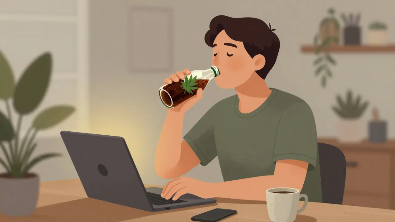 Eine Person trinkt beruhigend eine Cannabis Cola am Schreibtisch, ohne Kaffee.