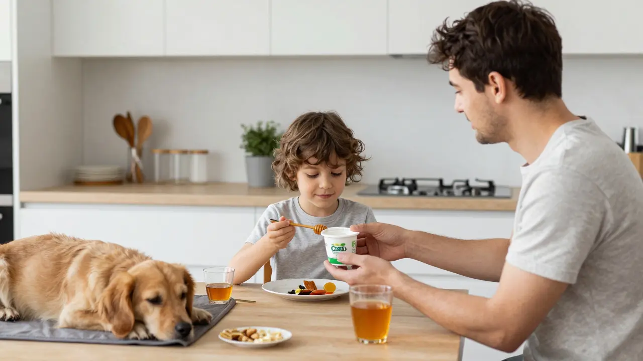 Eltern geben ihrem Kind CBD-haltigen Joghurt zum Frühstück.