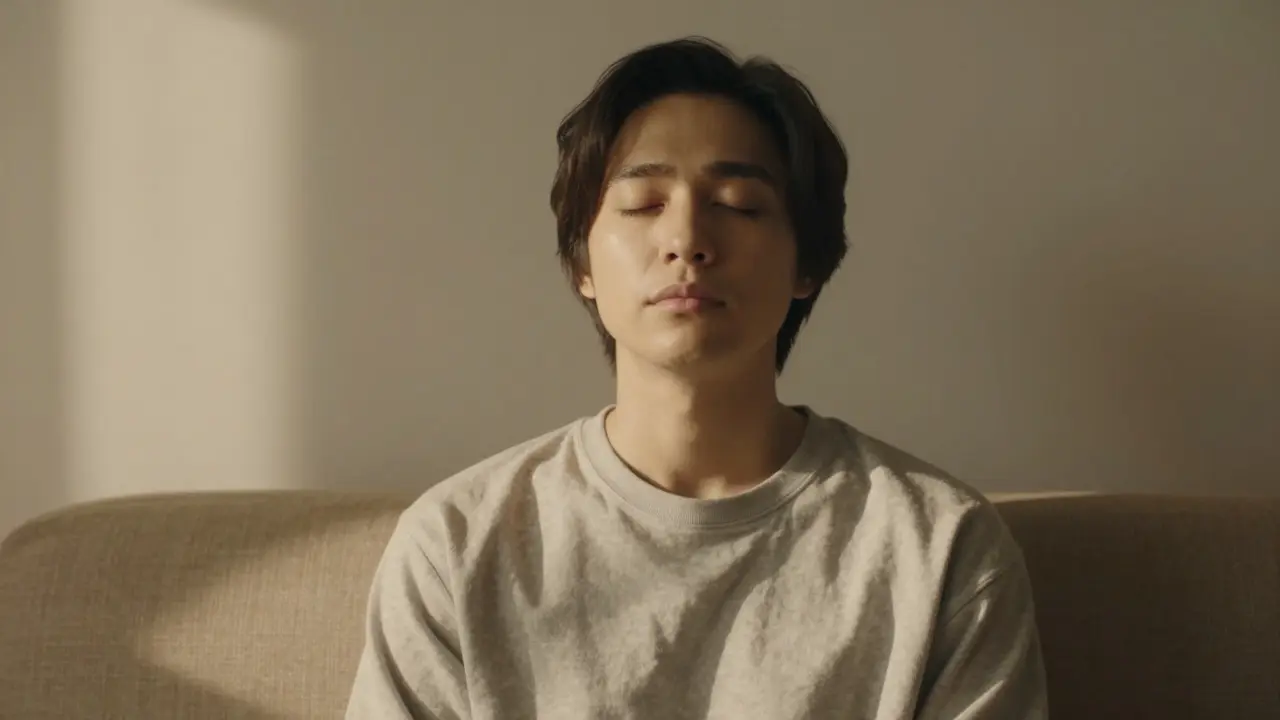 Entspannte Person im Sonnenlicht, Ausdruck von innerer Ruhe und Klarheit.