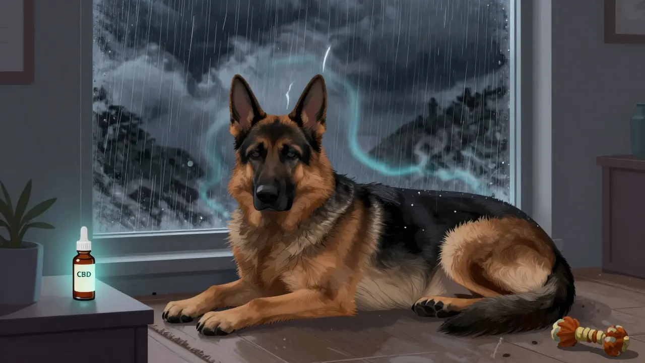 Hund liegt friedlich während eines Gewitters, CBD-Öl-Fläschchen steht neben ihm auf dem Nachttisch.