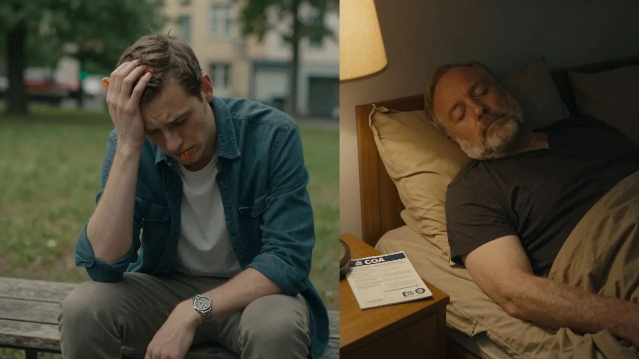 Kontrast: verunsicherter Nutzer vs. ruhiger Schlafender mit Zertifikat auf dem Nachttisch.