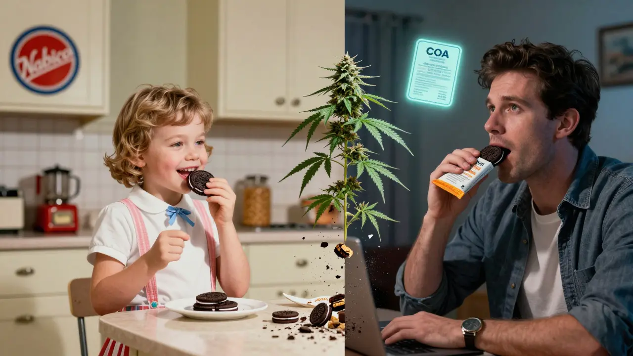 Kontrastierende Szene: Kind genießt echten Oreo, Erwachsener isst Cannabis-Schokolade – Symbol für Missverständnis und Klarstellung.