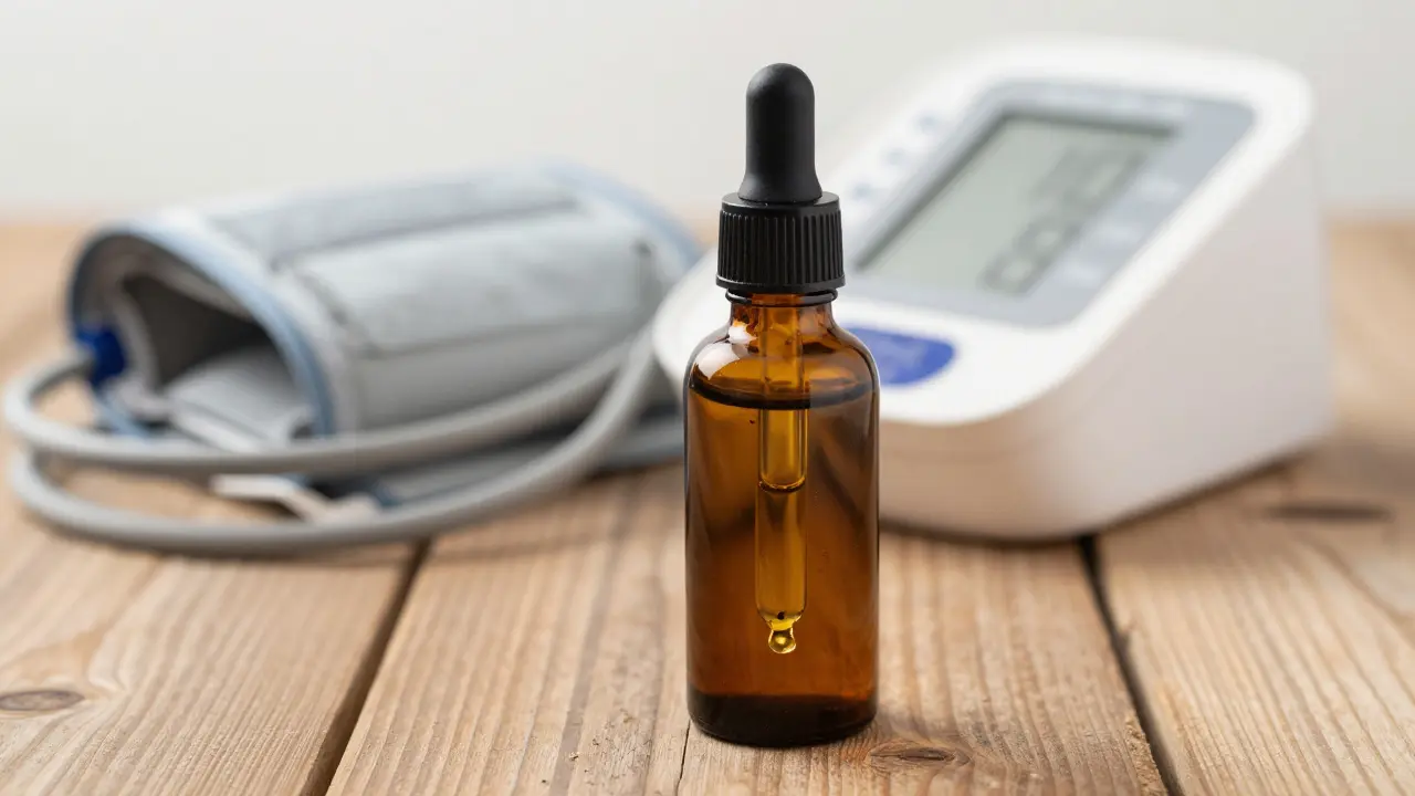 Nahaufnahme CBD-Öl-Tropfflasche neben Blutdruckmessgerät.