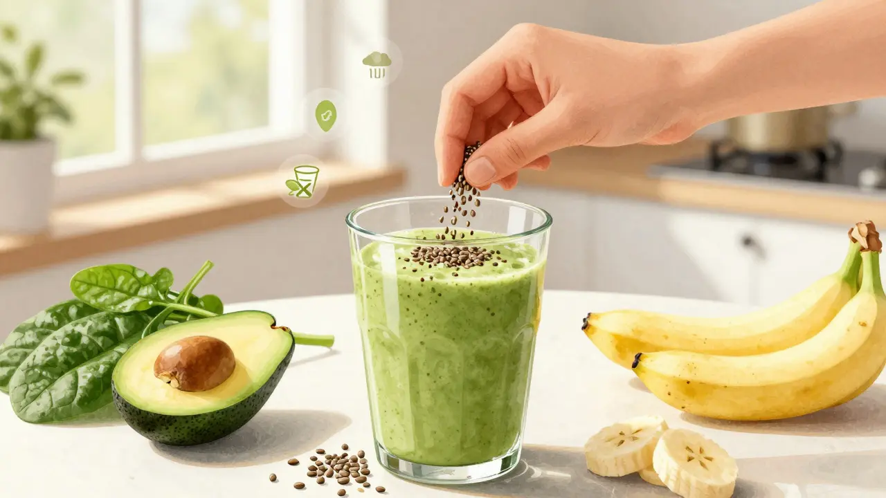Person blending hemp seeds into a green smoothie with fresh ingredients in a sunlit kitchen.