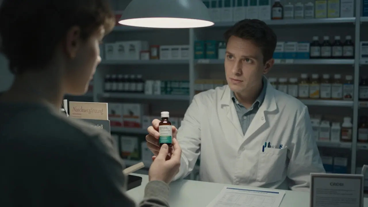 Pharmazeut gibt in Deutschland eine CBD-Getränkeflasche an einen Kunden aus, mit Laborbericht auf dem Tisch.