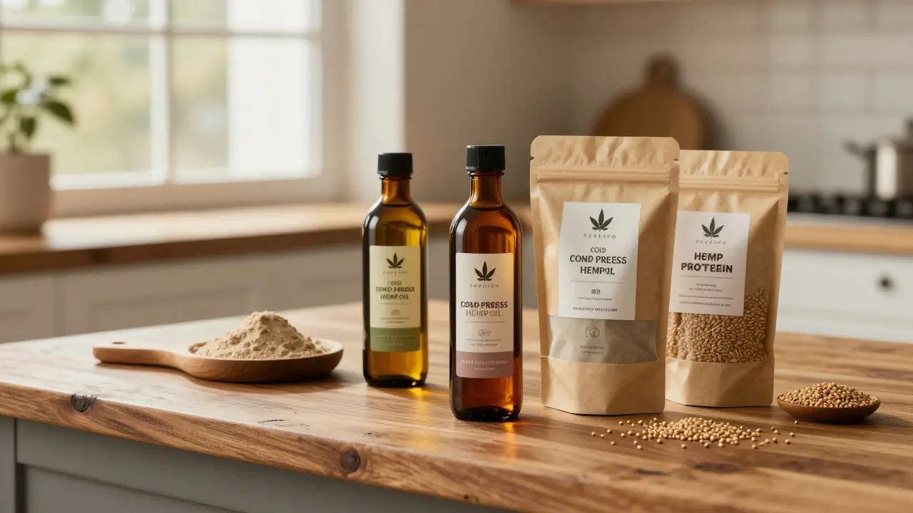 Premium-Hanfprodukte auf rustikalem Holztisch