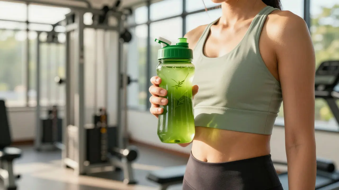 Sportler mit grüner Getränkedose im modernen Fitnessstudio.