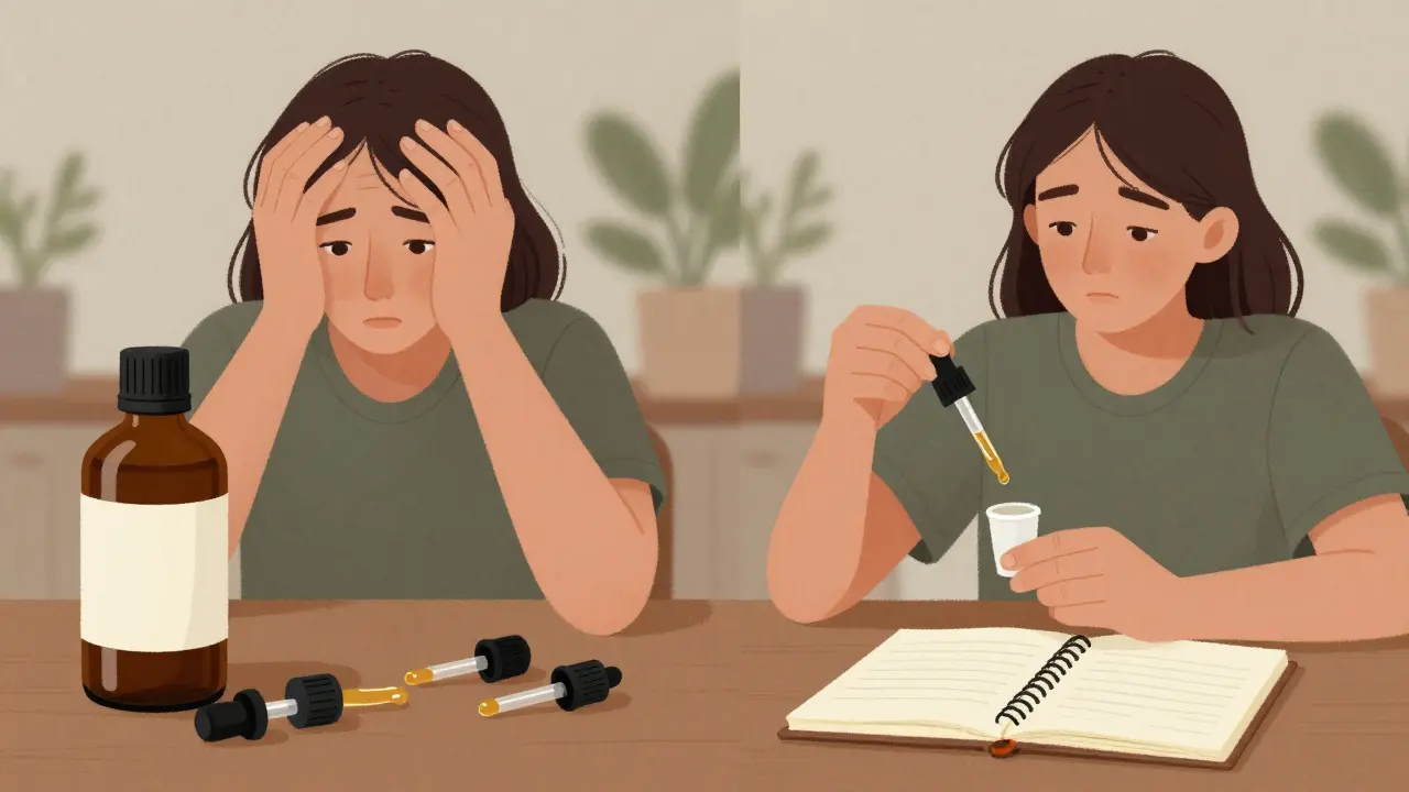 Vergleich zwischen übertriebener und maßvoller CBD-Einnahme mit Notizbuch zur Dosierung.