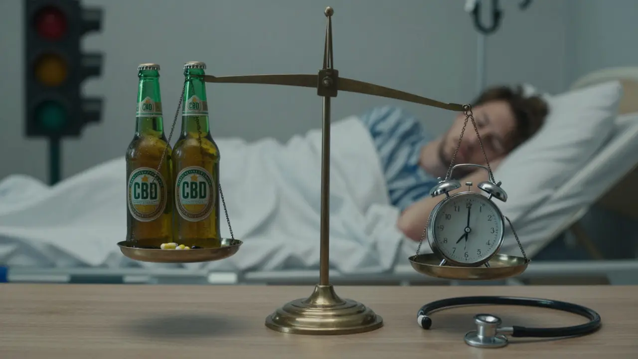 Waage mit CBD-Produkten gegen Schlafstörungen und Berufsrisiken, Symbol für Überlastung.