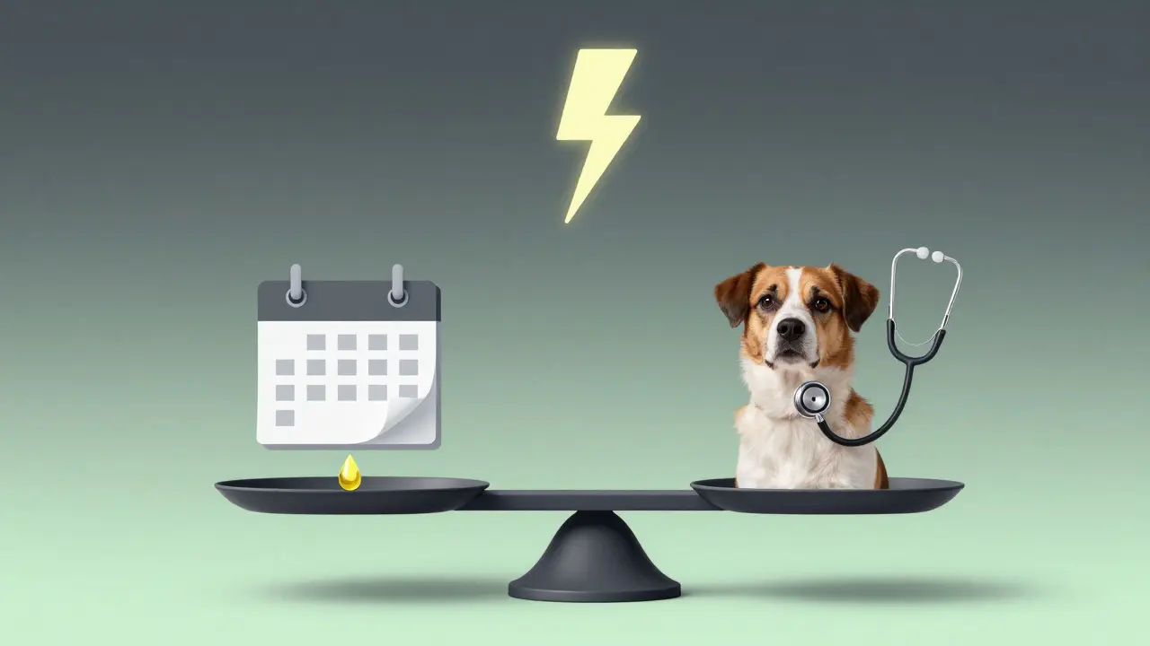 Waage zeigt CBD-Tropfen neben einem beruhigten Hund, mit Symbolen für tägliche Gabe, Gewitter und Tierarzt.