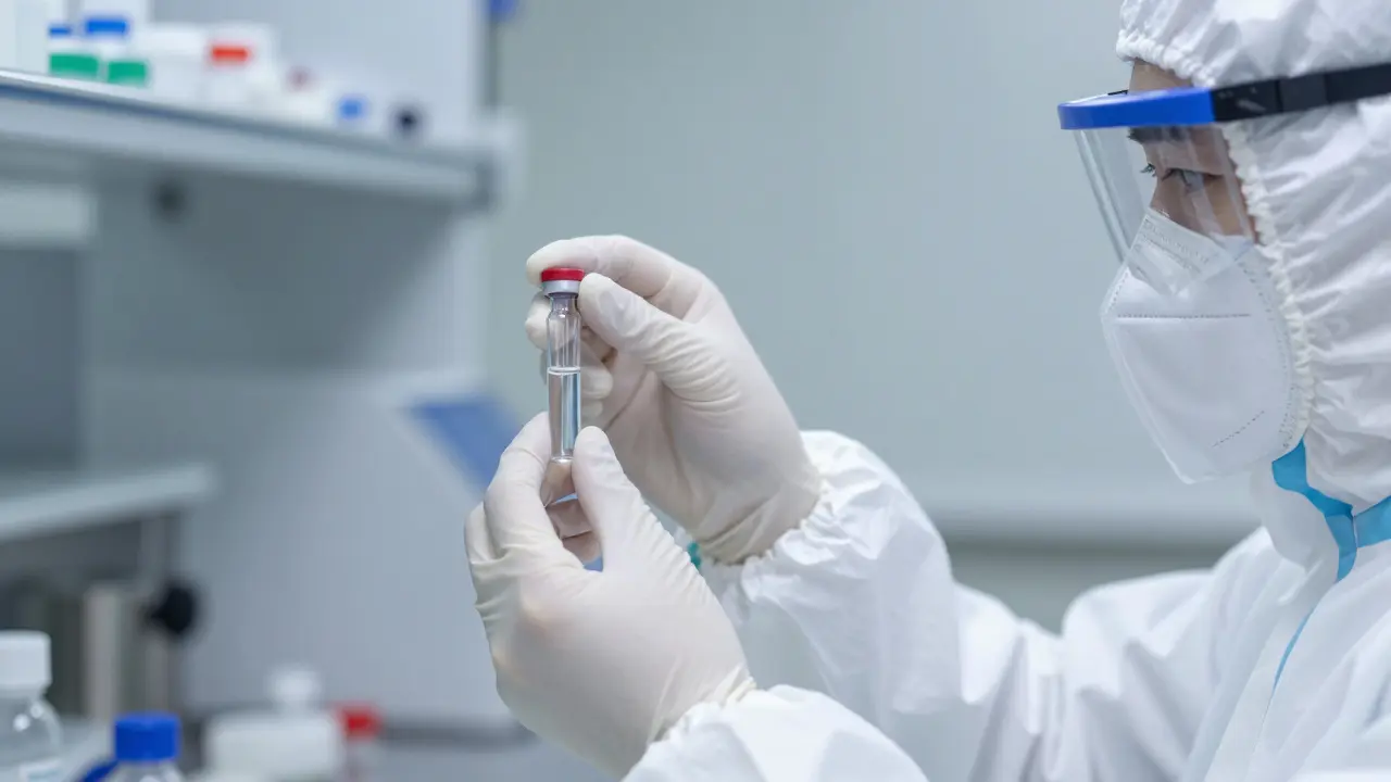 Wissenschaftler im Labor prüft eine Glasprobe unter hellem Licht für Qualitätskontrolle.