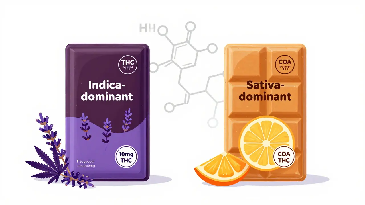 Zwei cannabis-basierte Schokoladen im Indica- und Sativa-Stil mit Dosierungsangaben und Prüfsiegeln, in medizinischer Illustrationsform.