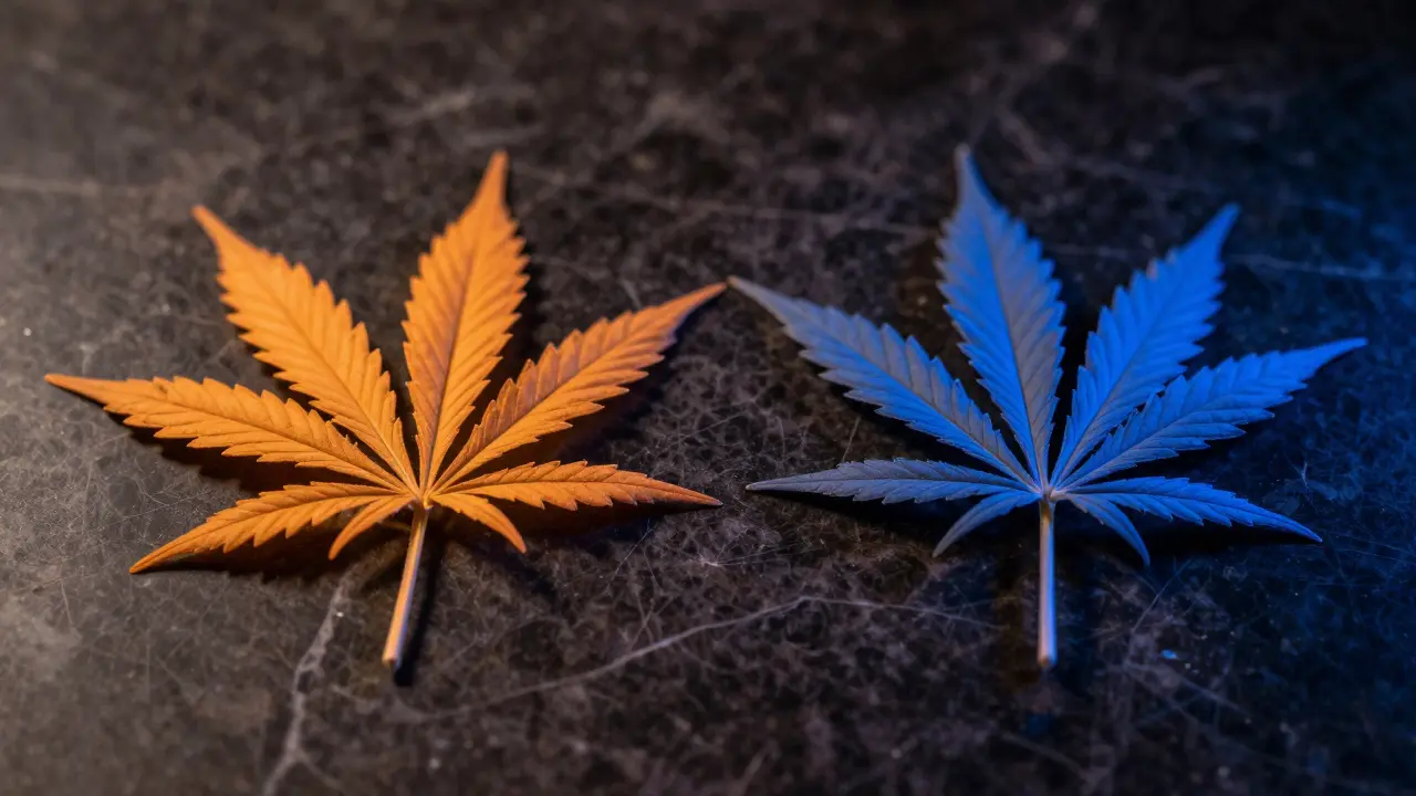 Zwei Cannabisblätter mit unterschiedlicher farblicher Symbolik auf Marmor.