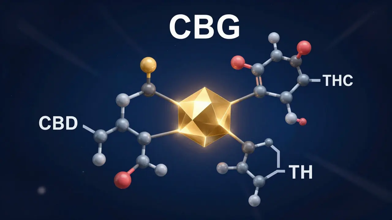 Abstrakte Darstellung der CBG-Molekülstruktur als Stammzelle der Cannabinoide.