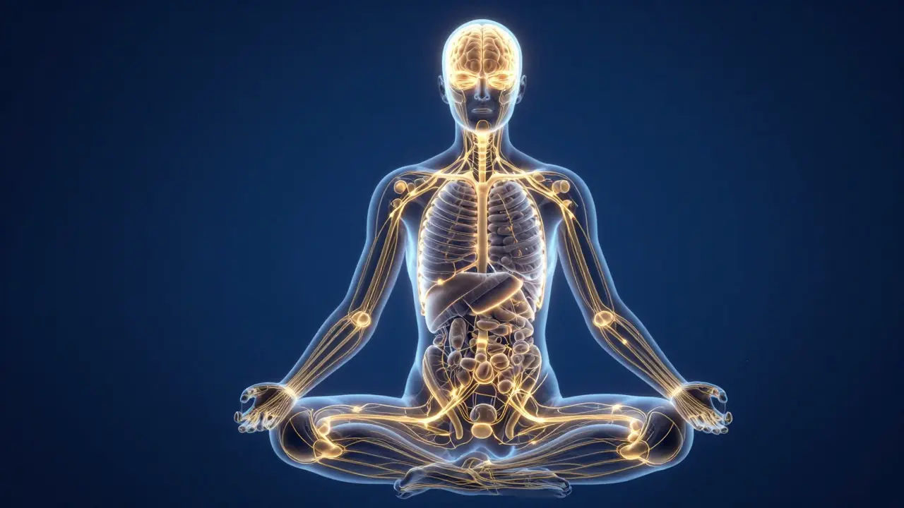 Abstrakte Darstellung des Endocannabinoid-Systems als leuchtendes Netzwerk im Körper.