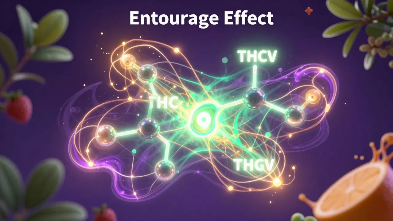 Abstrakte Darstellung des Entourage-Effekts mit leuchtenden Cannabinoid-Molekülen.