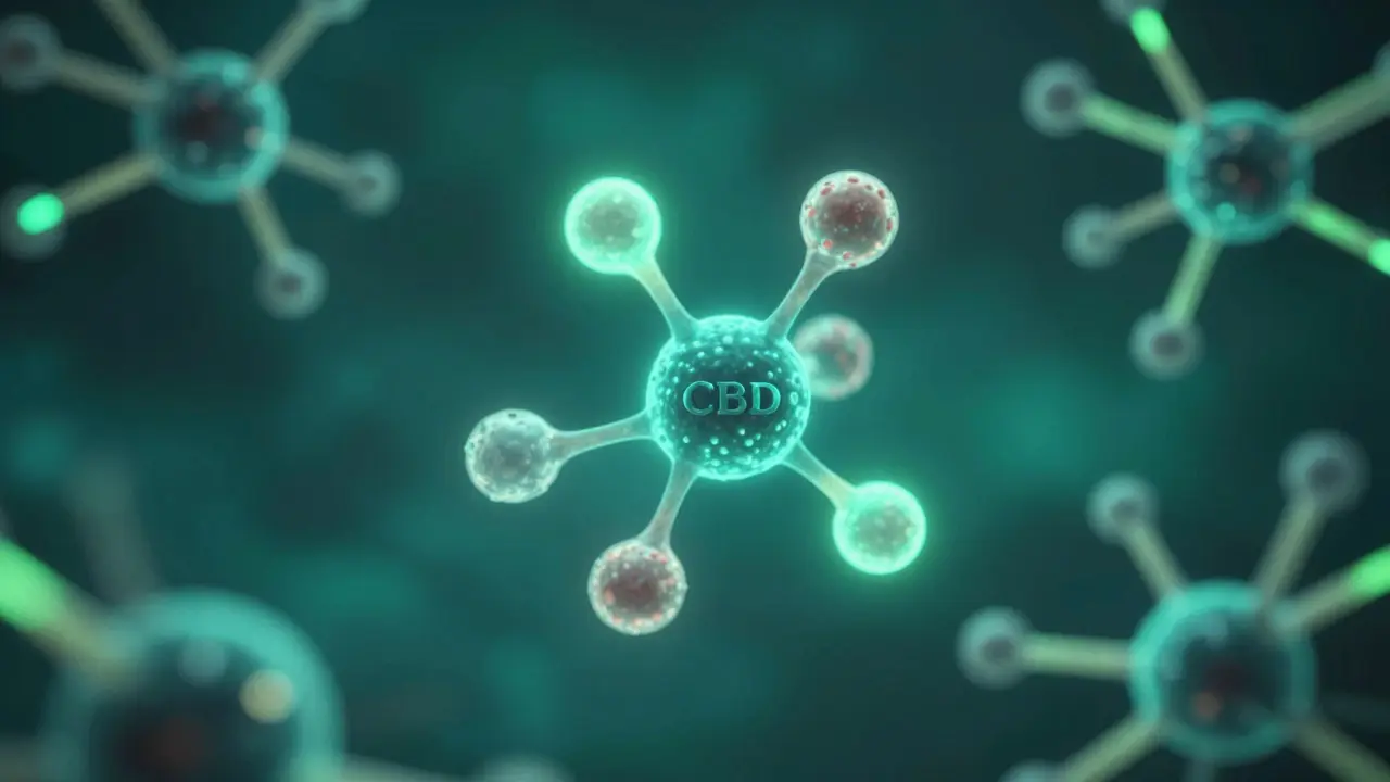 Abstrakte Darstellung eines CBD-Moleküls und des Nervensystems.