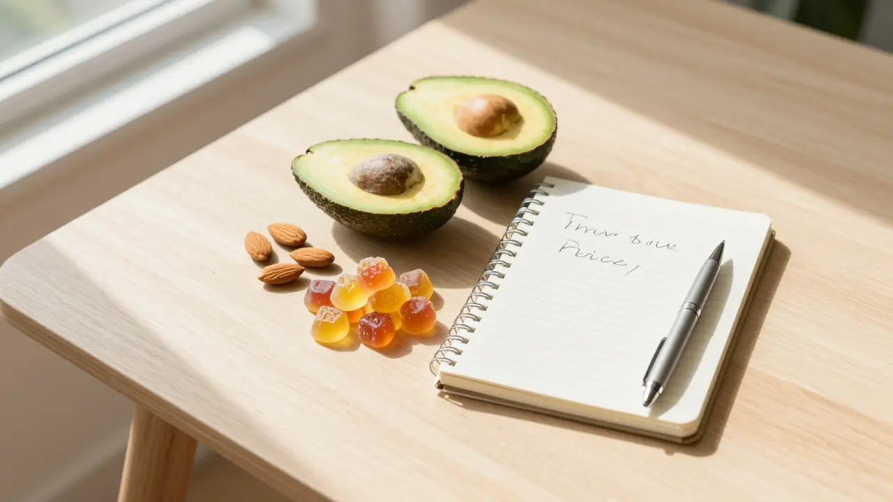 CBD-Gummies neben Avocado und Mandeln sowie einem Tagebuch auf einem Holztisch.
