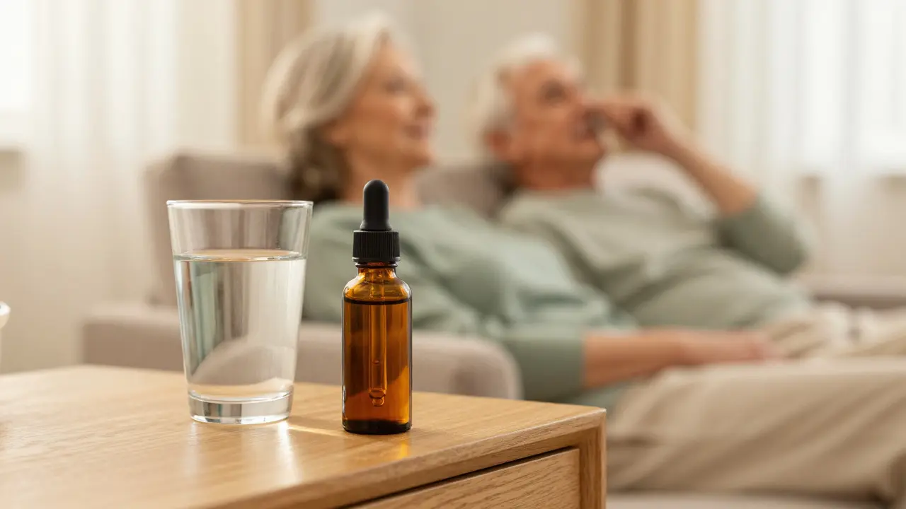 CBD-Öl Flasche auf einem Nachttisch in einer friedlichen Abendatmosphäre.