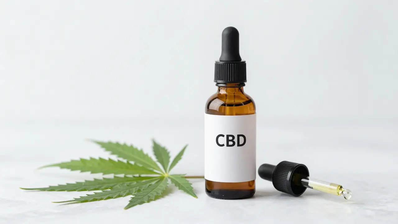 CBD-Öl-Flasche mit Tropfer und grünen Hanfblättern auf weißem Marmor