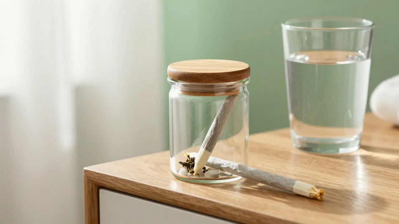 Ein angebrochener CBD-Joint, der zur Aufbewahrung in einem kleinen Glasgefäß liegt.