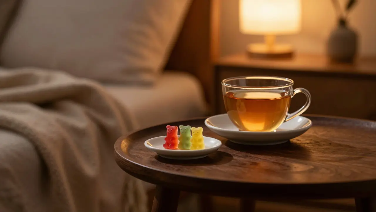 Ein CBD-Gummibärchen und Tee auf einem Tisch in einer gemütlichen Abendstimmung.