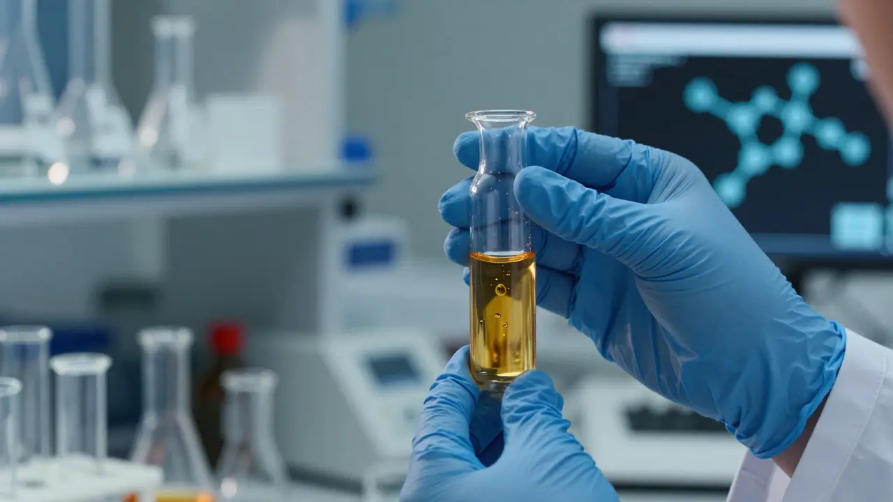 Ein Chemiker hält ein goldenes Destillat in einem Labor zur Darstellung der semi-synthetischen Herstellung.