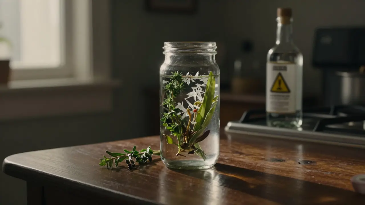 Ein Glas mit Kräutern in hochprozentigem Alkohol auf einem dunklen Holztisch