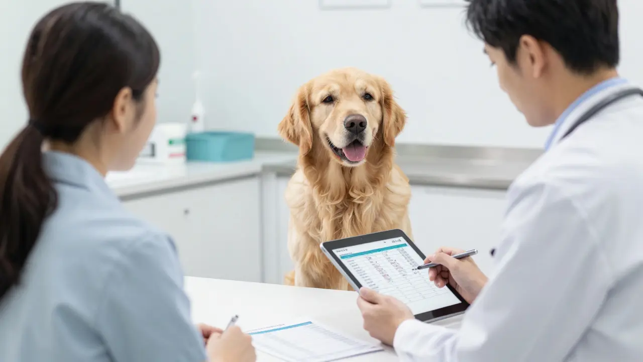 Ein Hund beim Tierarzt während einer medizinischen Beratung.