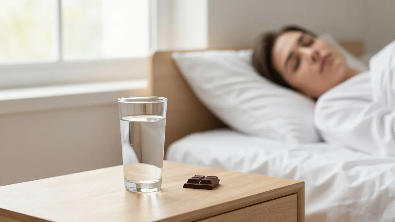 Eine Person ruht sich mit einem Glas Wasser und Schokolade in einem hellen Raum aus.
