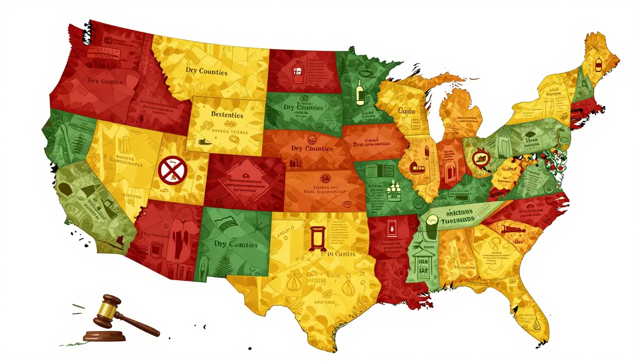 Eine stilisierte Mosaikkarte der USA, die unterschiedliche Alkoholgesetze symbolisiert