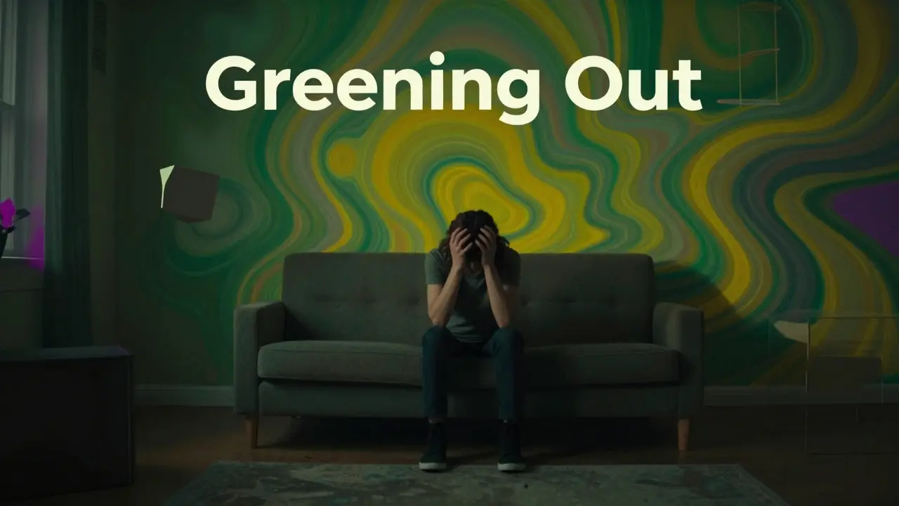 Eine surreale Darstellung eines Greening Out mit verzerrten Farben und Mustern.