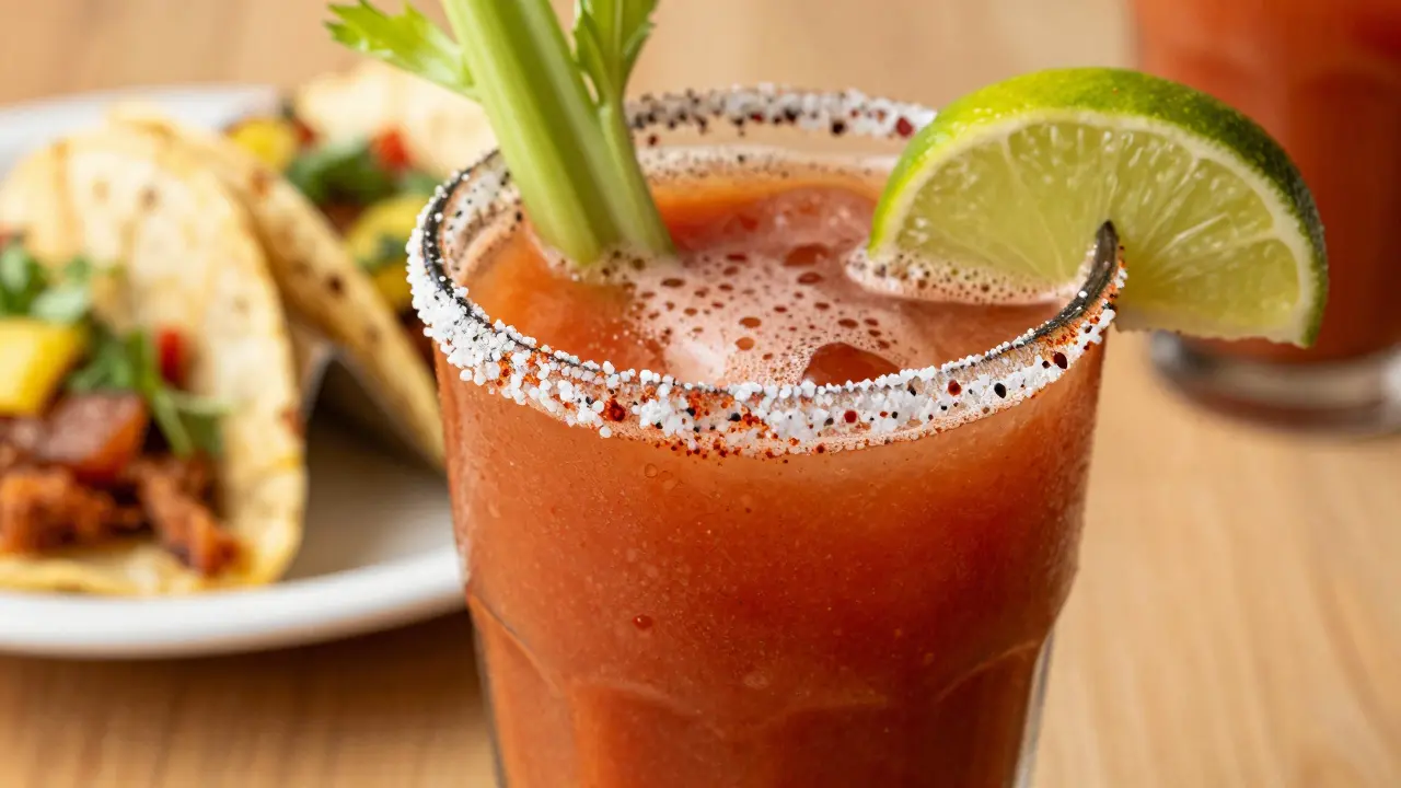 Eine würzige Michelada mit gesalzenem Rand und Tacos im Hintergrund.