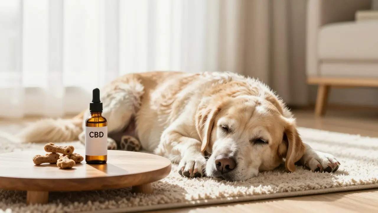 Entspannter alter Hund auf einem Teppich neben einer Flasche CBD-Öl