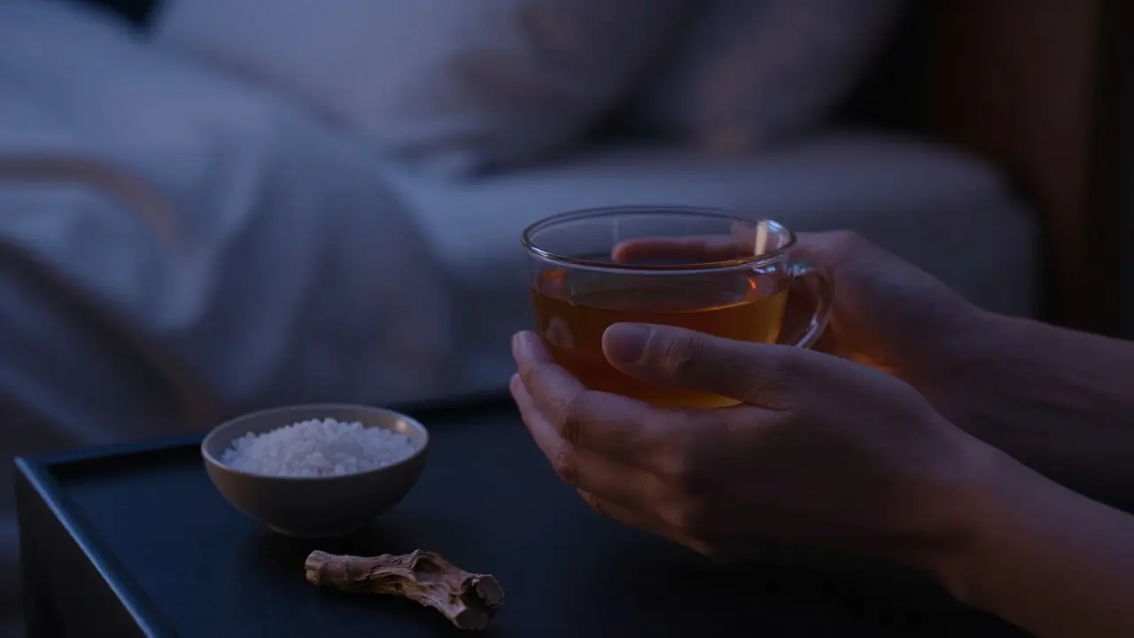 Gemütliche Abendatmosphäre mit Magnesium und Tee zur Förderung von Schlaf und Erholung.