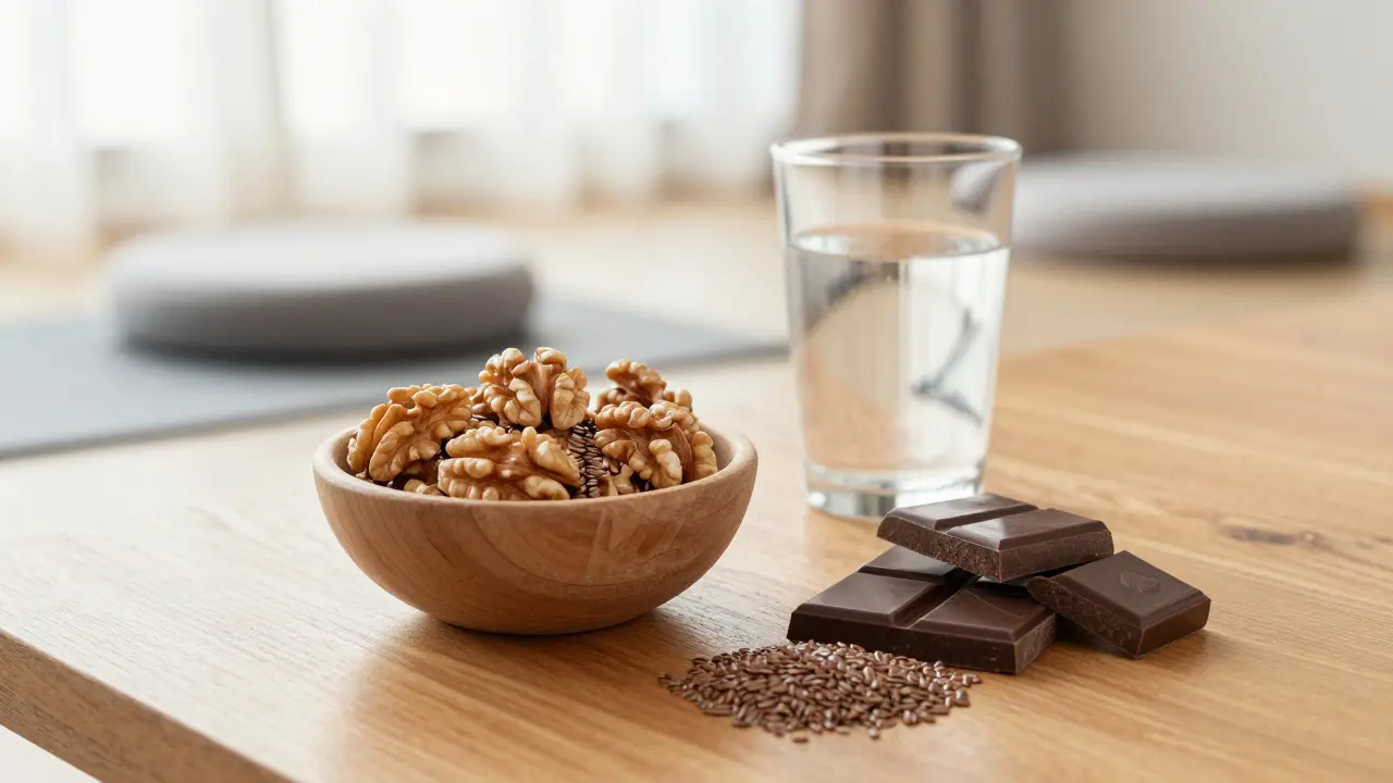 Gesunde Lebensmittel wie Walnüsse und dunkle Schokolade in einer hellen, meditativen Umgebung.