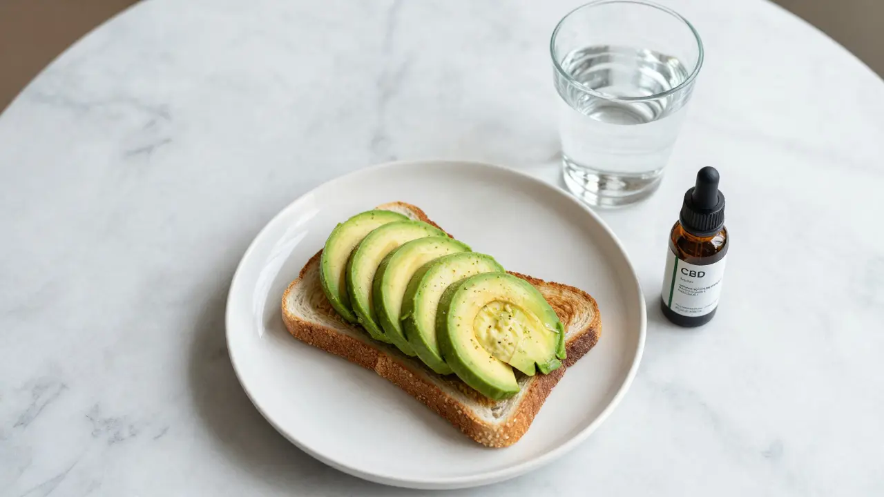 Gesundes Frühstück mit Avocado-Toast und CBD-Öl auf einem Marmortisch