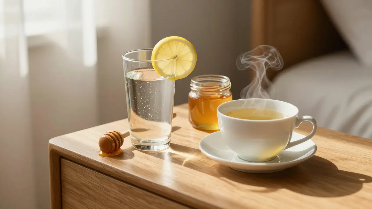 Glas Wasser, Honig und Salbeitee auf einem Tisch im warmen Morgenlicht.