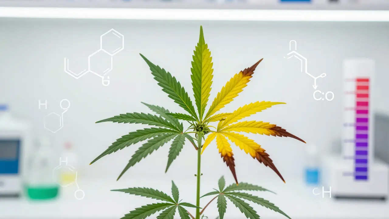 Konzeptbild einer empfindlichen Cannabis-Pflanze mit gelben Blättern und pH-Indikatoren.