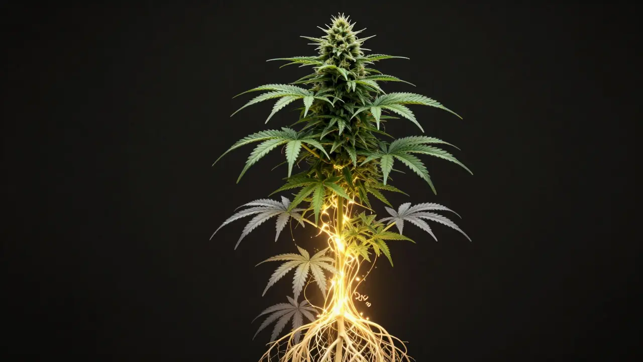 Konzeptbild eines Energieflusses, der Nährstoffe in die oberen Blüten einer Pflanze leitet