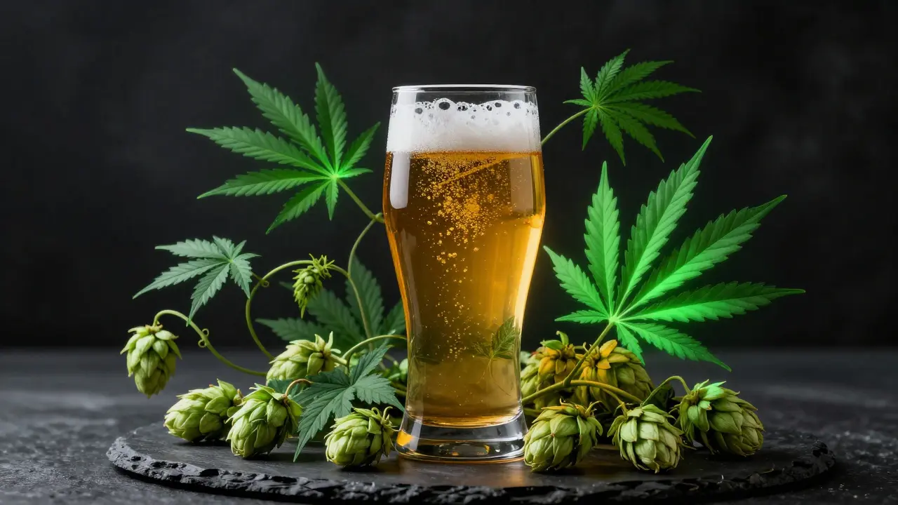 Konzeptbild eines goldgelben Bieres mit grünen Hanfblättern und Hopfen.